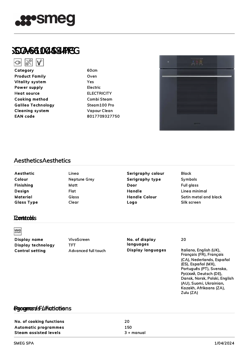 Page 1 de la notice Fiche technique Smeg SOA6104S4PG