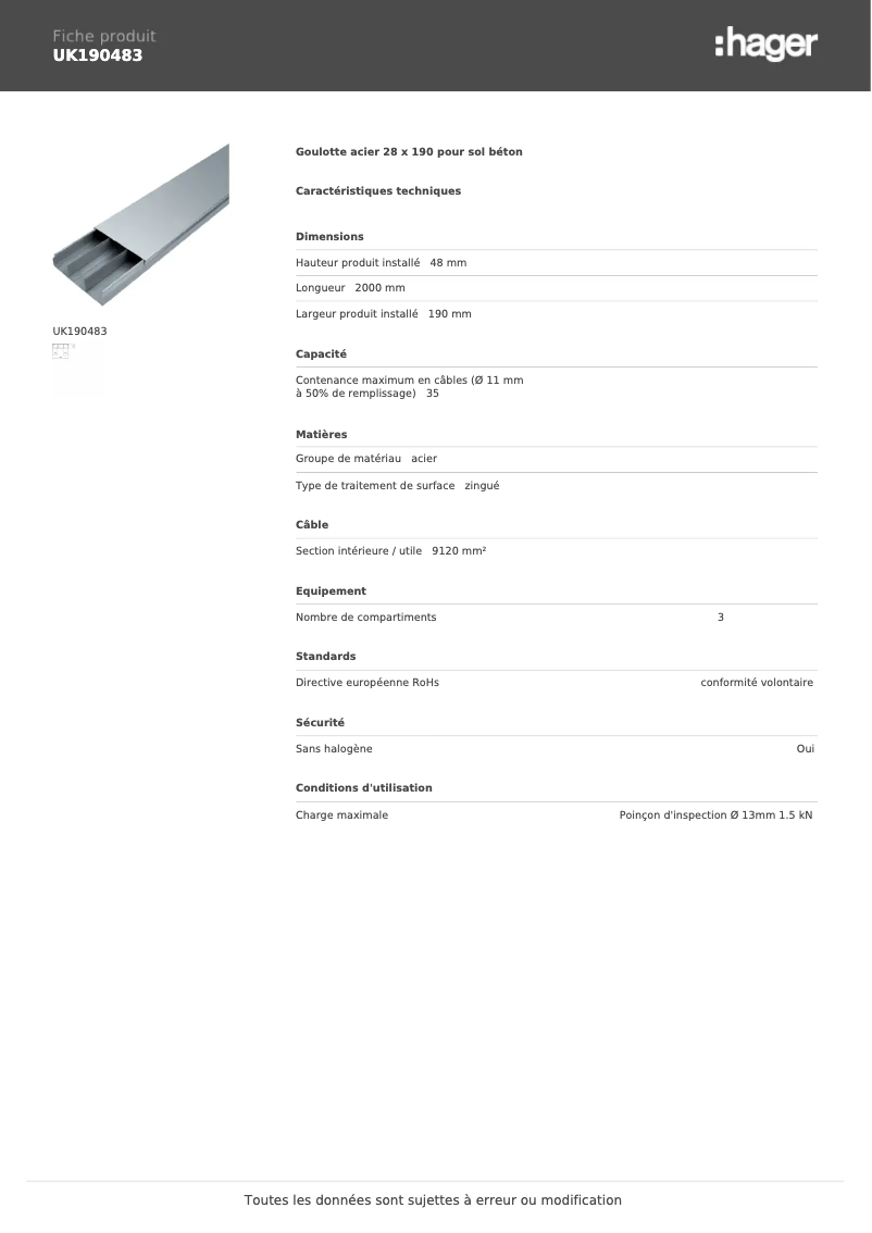 Page 1 de la notice Fiche technique Hager UK190483