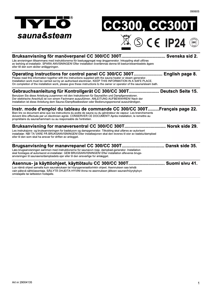 Page 1 de la notice Manuel utilisateur Tylö CC300T