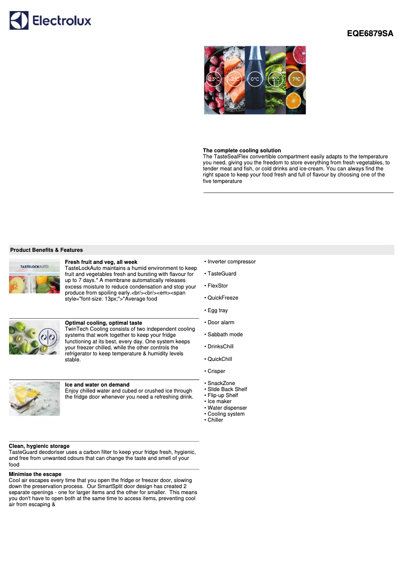 Page 1 de la notice Fiche technique Electrolux EQE6879A