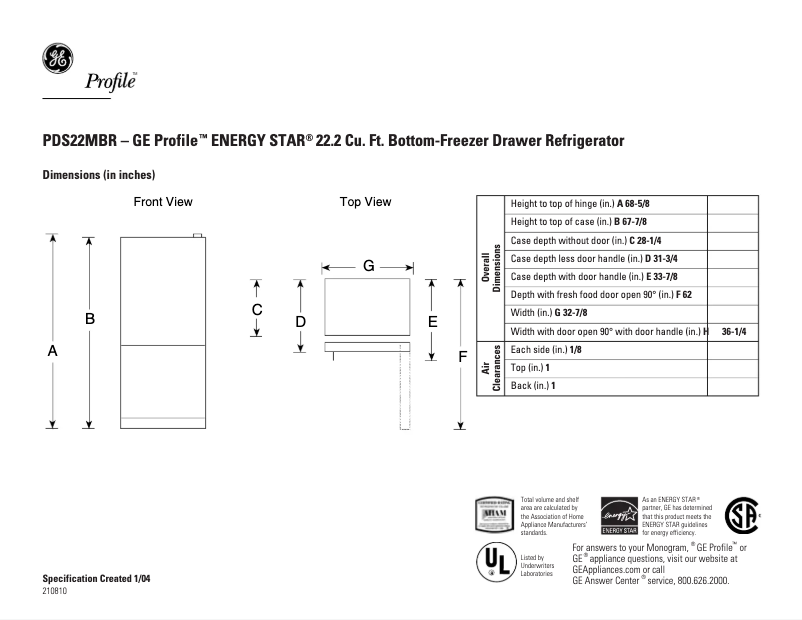 Page 1 de la notice Fiche technique GE PDS22MBRBB