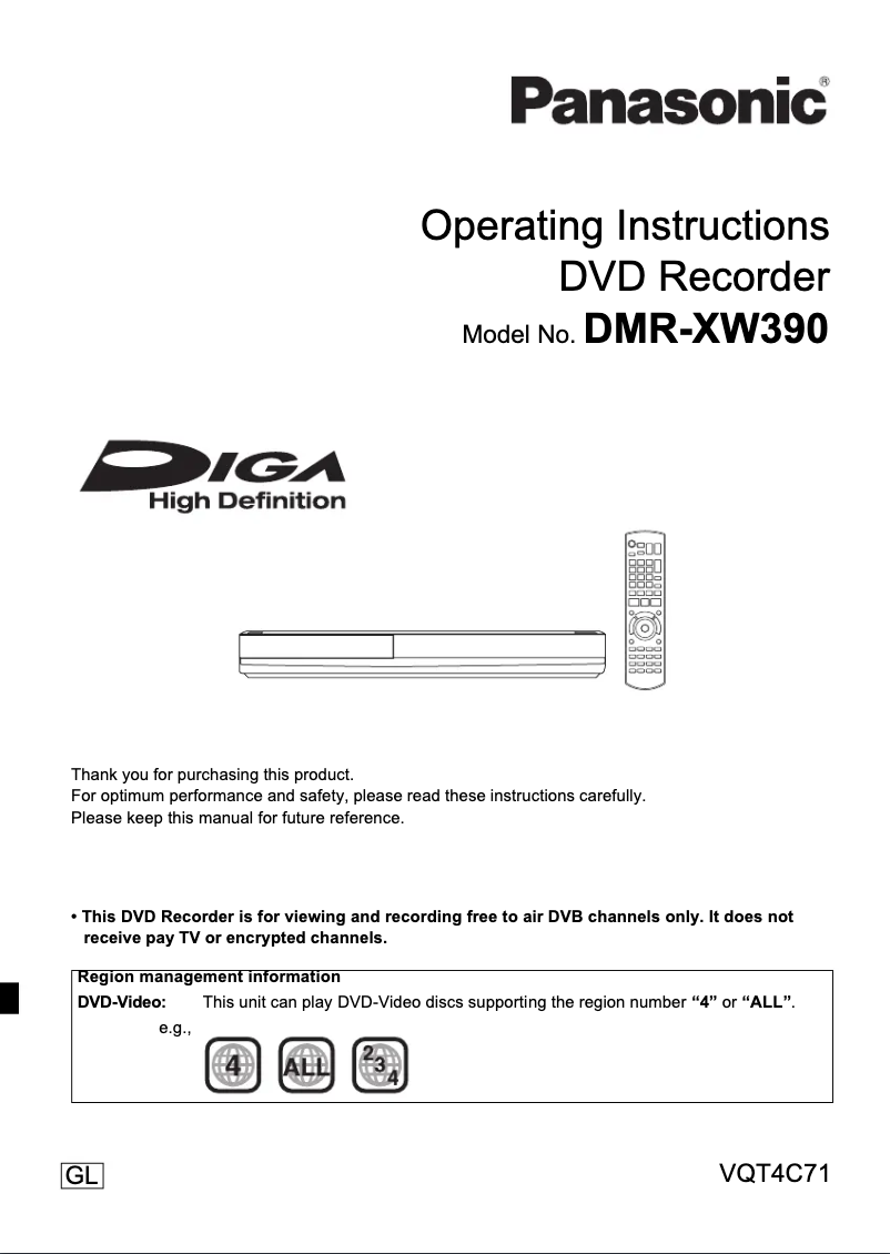 Page 1 de la notice Manuel utilisateur Panasonic DMR-XW390