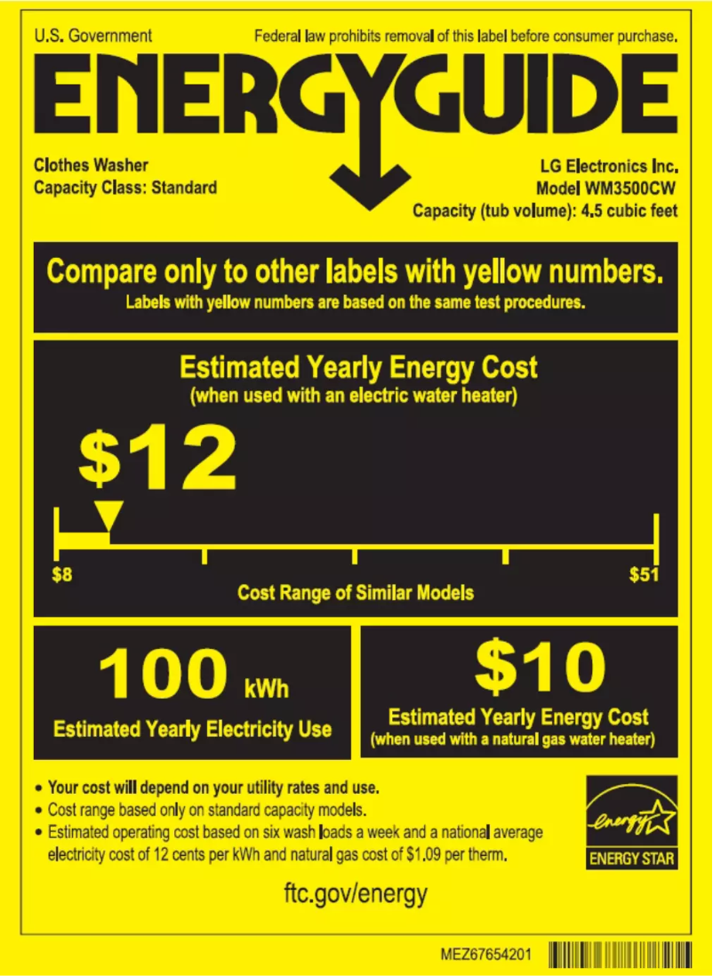 Page 1 de la notice Label énergétique LG WM3500CW