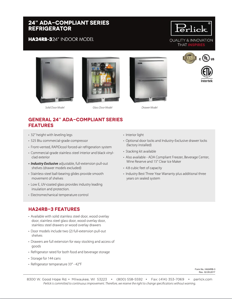 Page 1 de la notice Fiche technique Perlick HA24RB-3-4