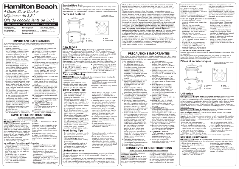 Page 1 de la notice Manuel utilisateur Hamilton Beach 33240
