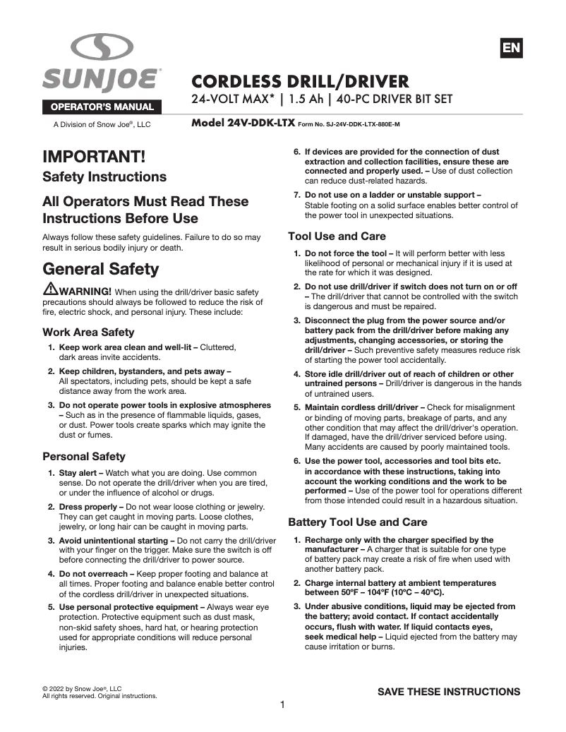 Page n°1 - Manuel utilisateur Sun Joe BDL-A0050