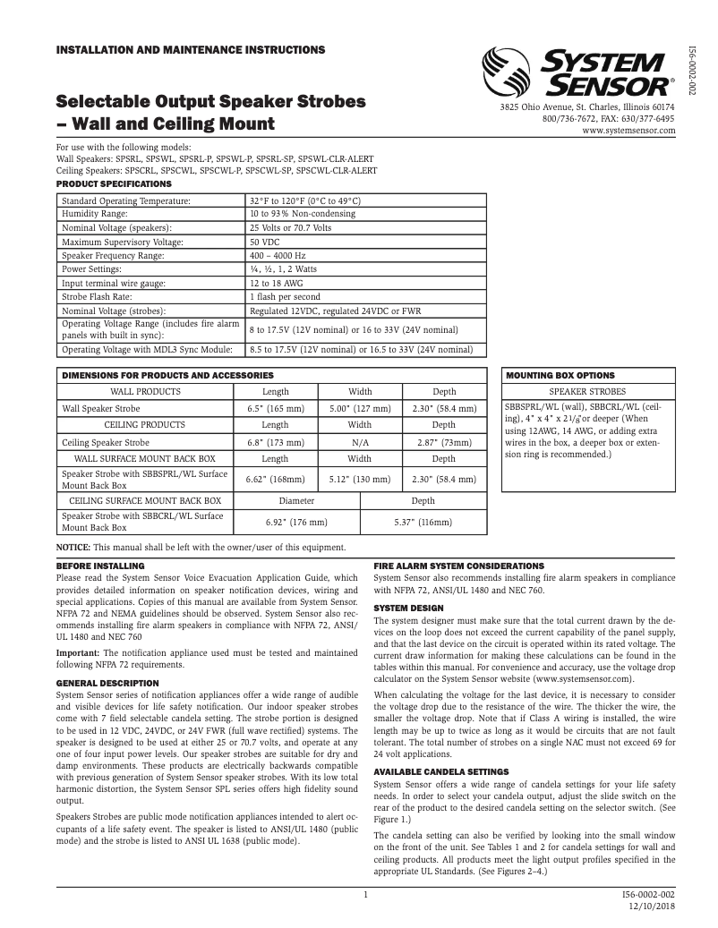 Page 1 de la notice Manuel utilisateur System Sensor SPSCWL