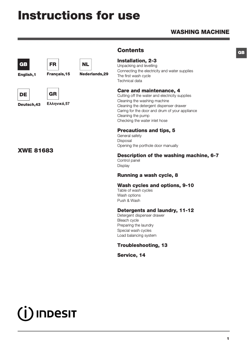 Page n°1 - Manuel utilisateur Indesit XWE 81683X