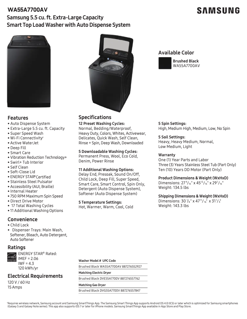 Page 1 de la notice Fiche technique Samsung WA55A7700AV