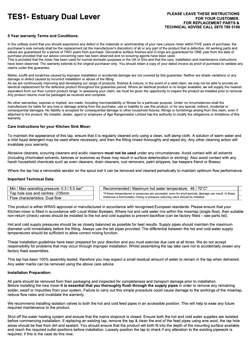 Page n°1 - Manuel utilisateur Rangemaster Estuary TES1BC