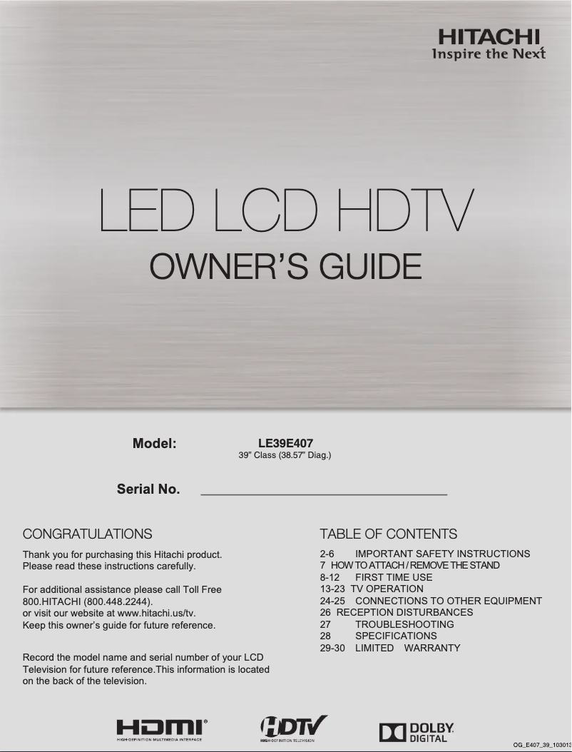 Page 1 de la notice Manuel utilisateur Hitachi LE39E407