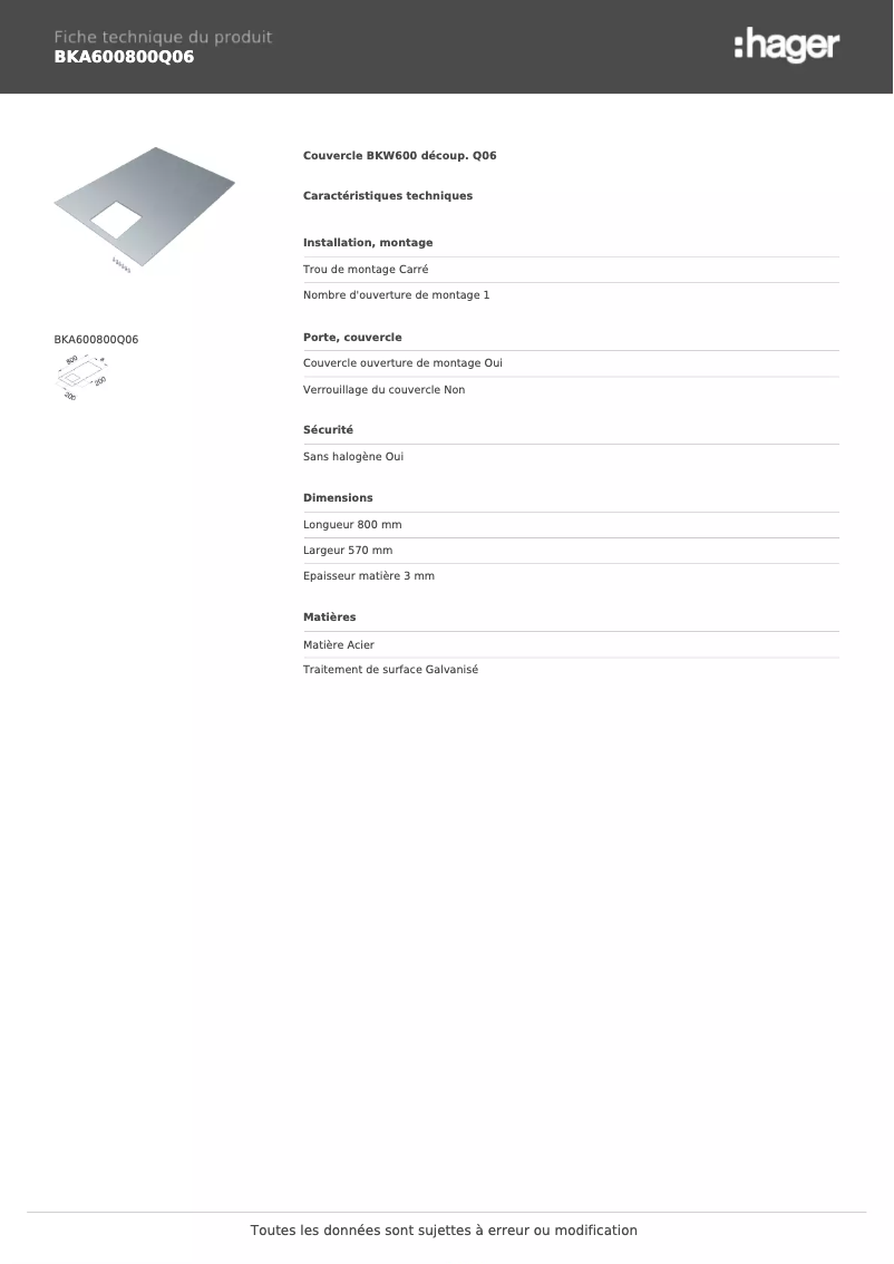 Page n°1 - Fiche technique Hager BKA600800Q06