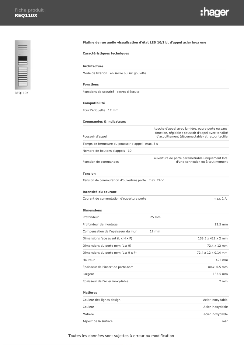 Page 1 de la notice Fiche technique Hager REQ110X