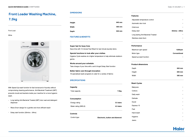 Page 1 de la notice Fiche technique Haier HWF75AW2