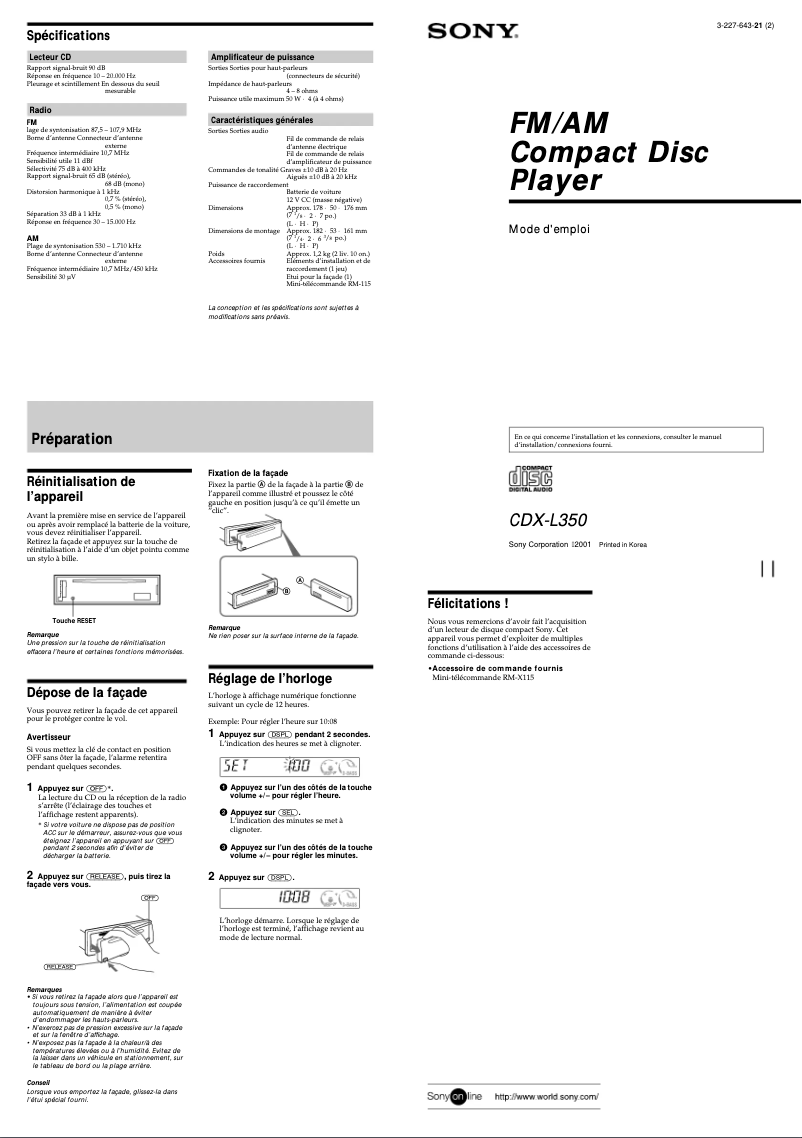Page n°1 - Manuel utilisateur Sony CDX-L350