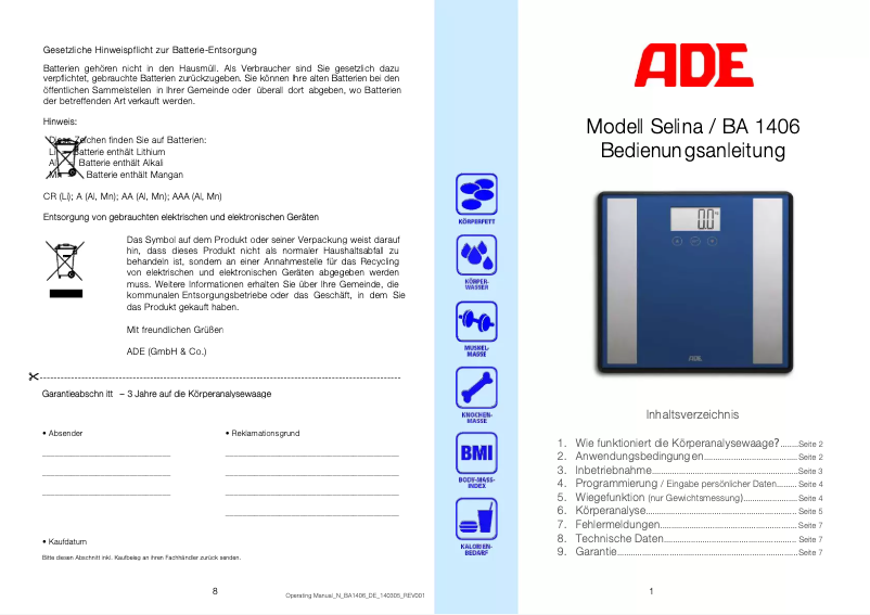 Page 1 de la notice Manuel utilisateur ADE Selina BA 1406