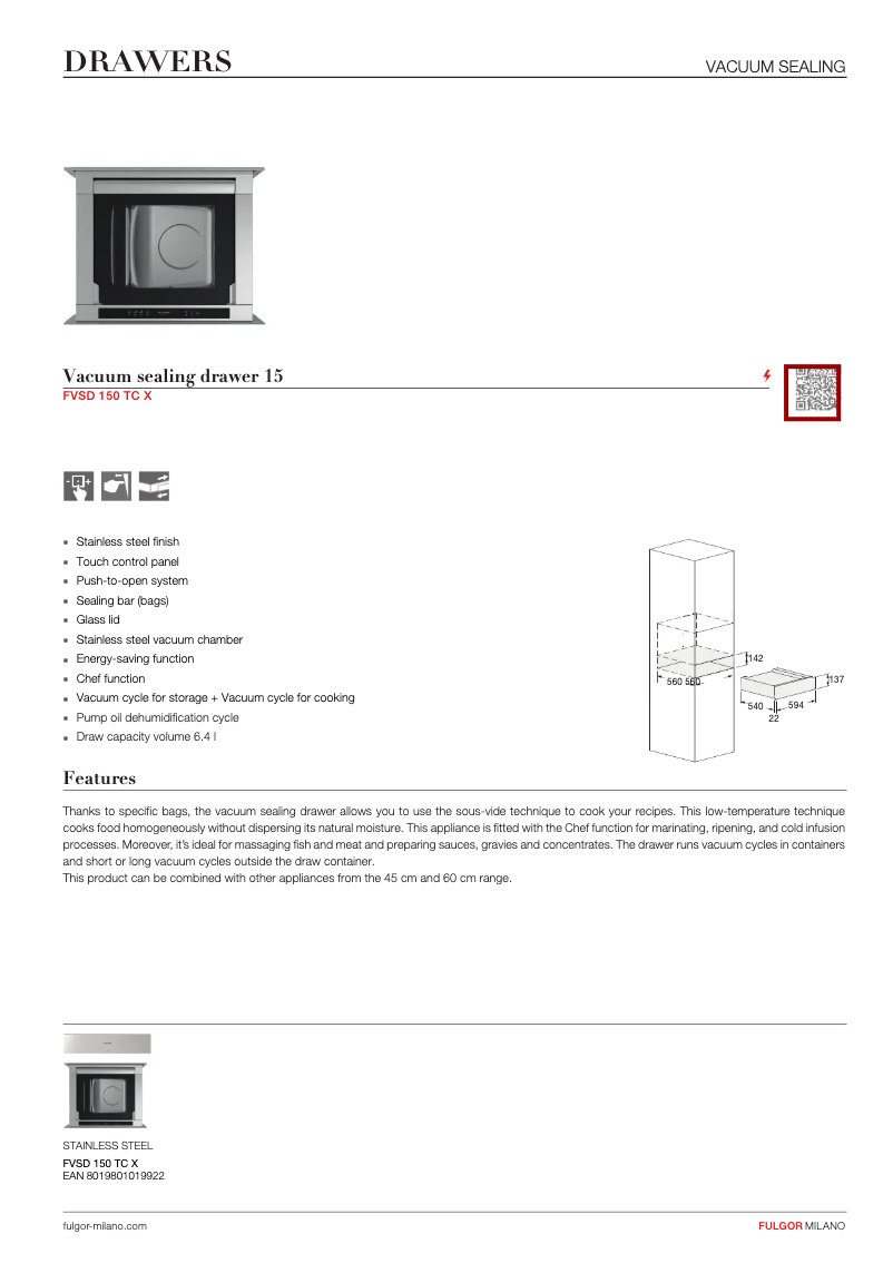 Page 1 de la notice Fiche technique Fulgor Milano FVSD 150 TC X
