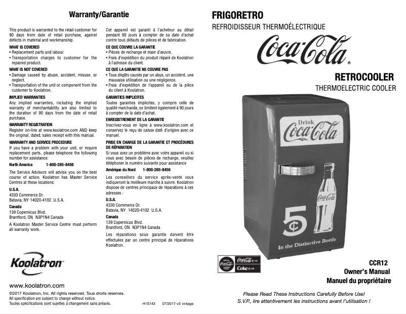 Page 1 de la notice Manuel utilisateur Coca-Cola CCR12