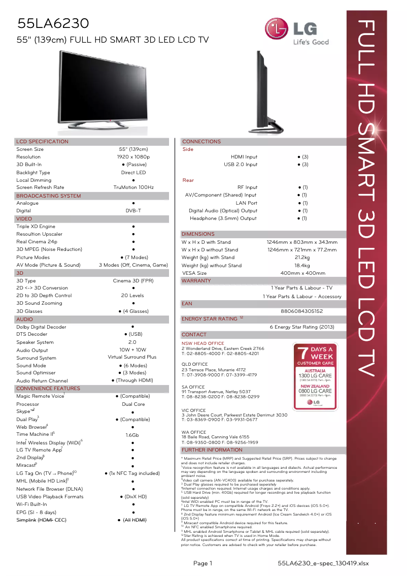 Page 1 de la notice Fiche technique LG 55LA6230
