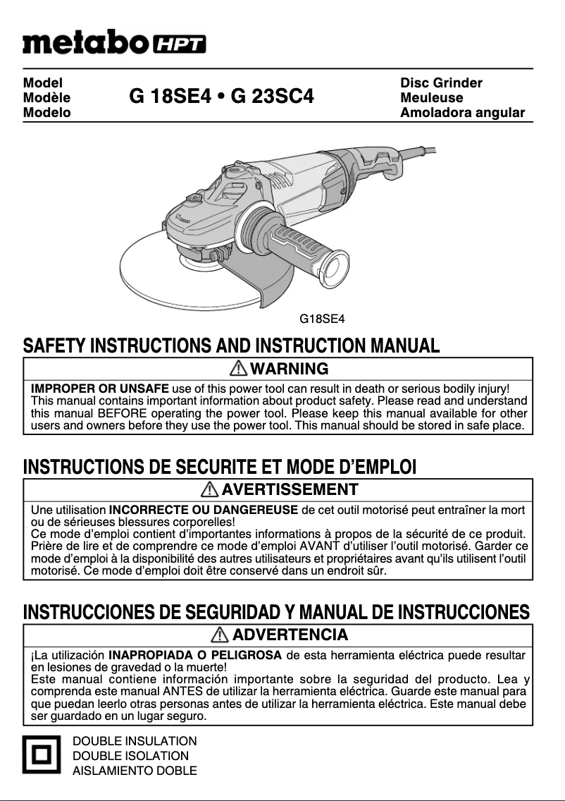 Page 1 de la notice Manuel utilisateur Metabo G 18SE4
