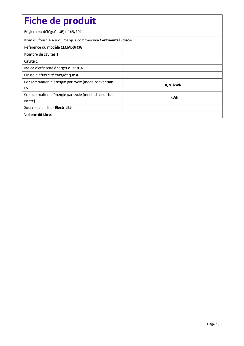 Page n°1 - Label énergétique Continental Edison CECM60FCW