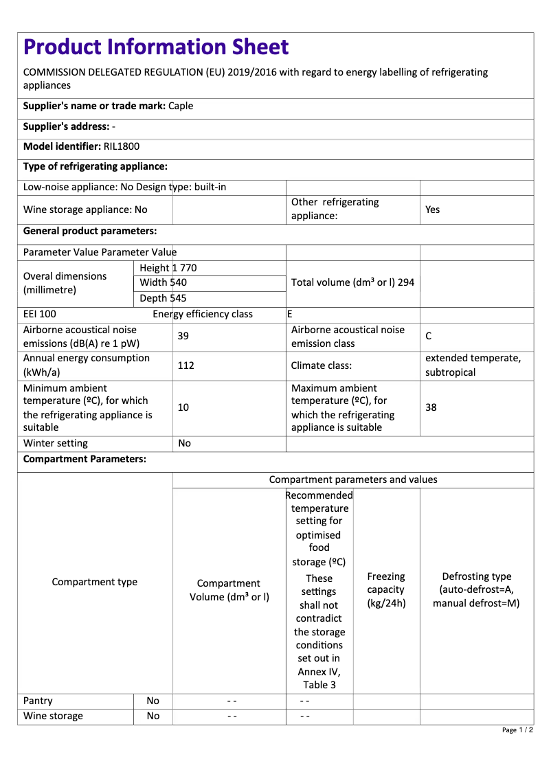 Page 1 de la notice Fiche technique Caple RIL1800