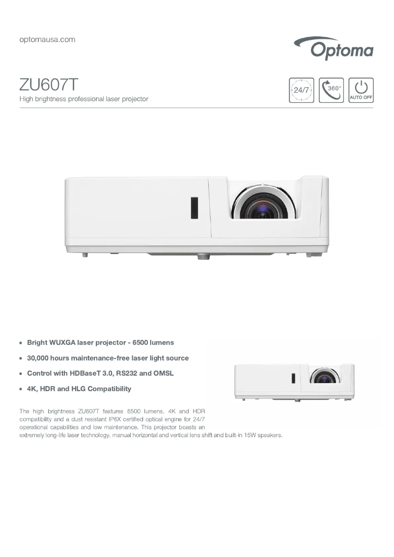 Página 1 del manual Ficha técnica Optoma ZU607T