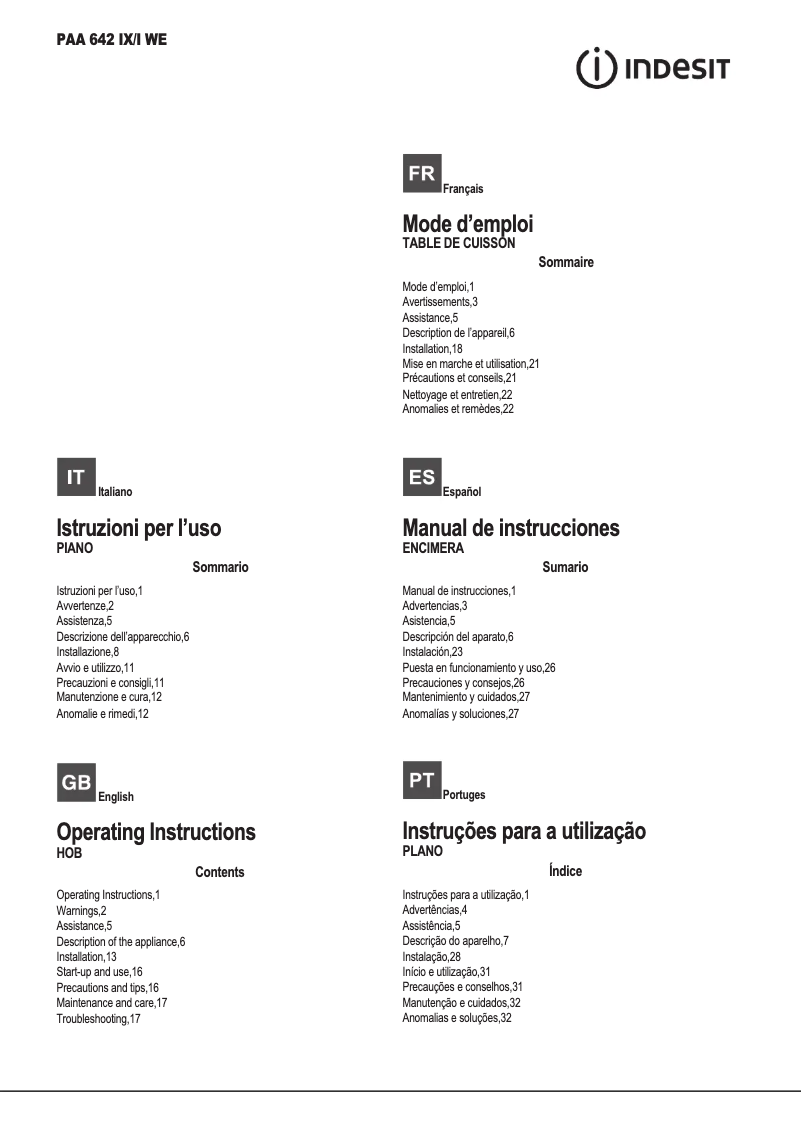 Page 1 de la notice Manuel utilisateur Indesit PAA 642 IX/I WE