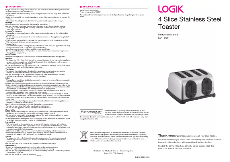 Page 1 de la notice Manuel utilisateur Logik L04TBS11