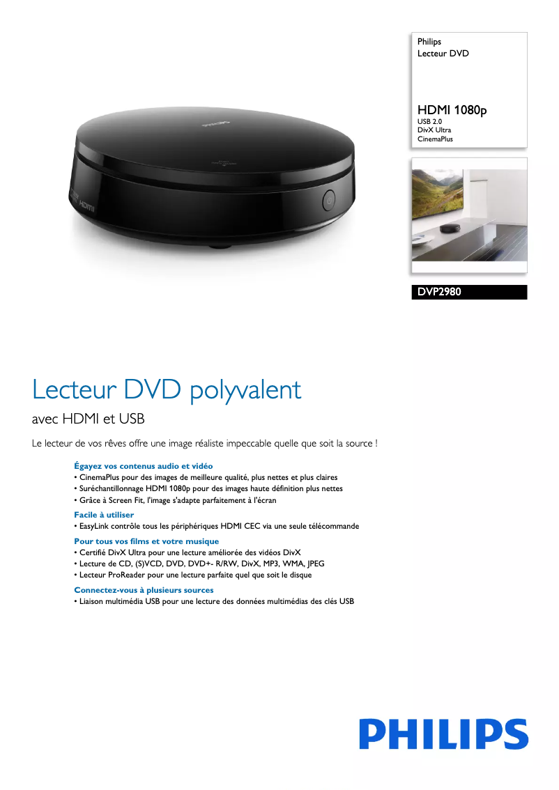 Page 1 de la notice Fiche technique Philips 2000 series DVP2980