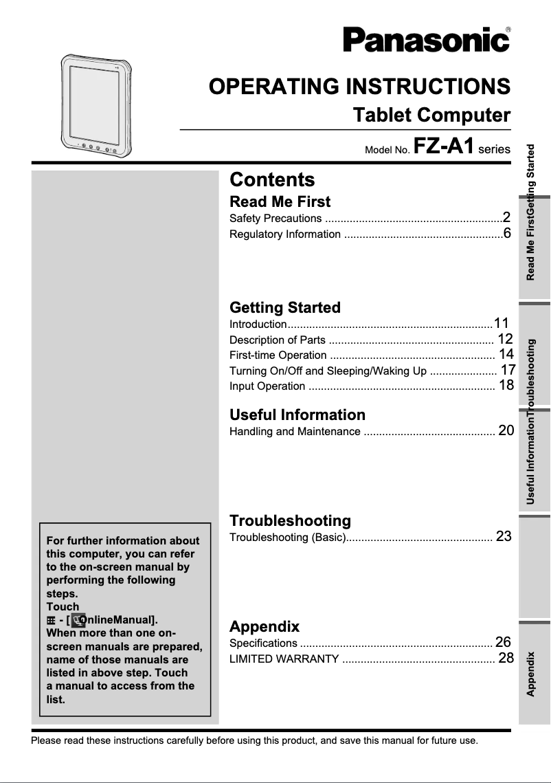 Image de la première page du manuel de l'appareil Toughpad FZ-A1 Wifi
