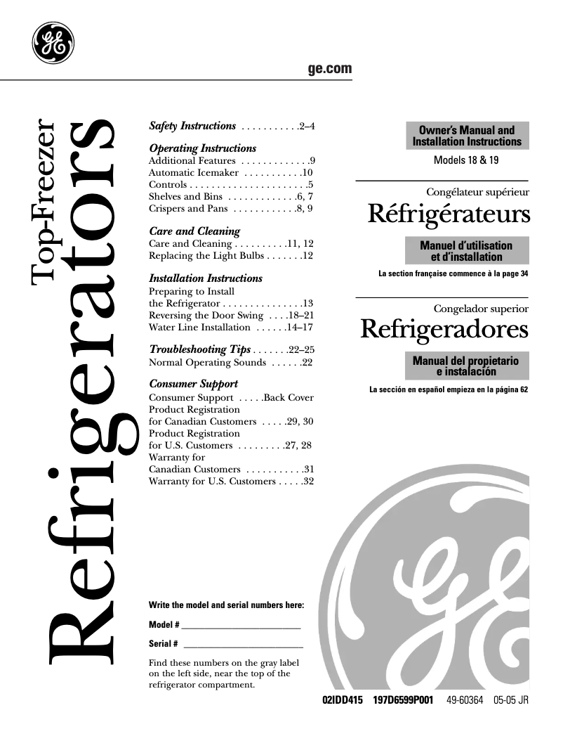 Page 1 de la notice Manuel d'utilisation et d'entretien GE GTS18TCSWW