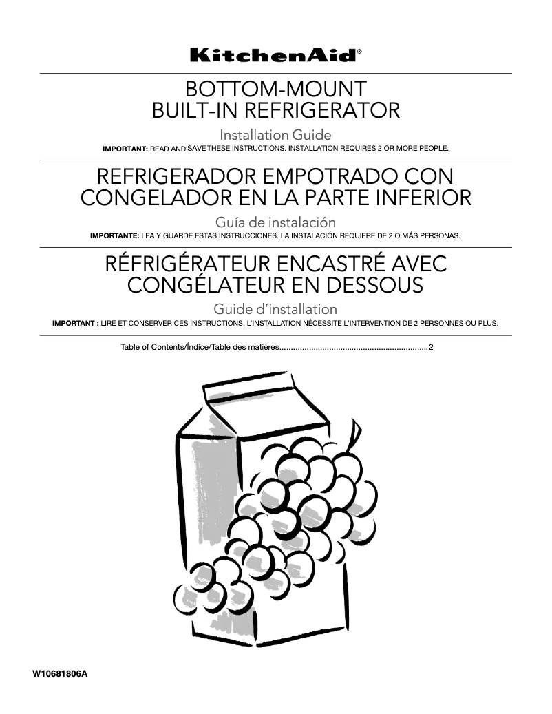 Página 1 del manual Guía de instalación KitchenAid KBBL306E