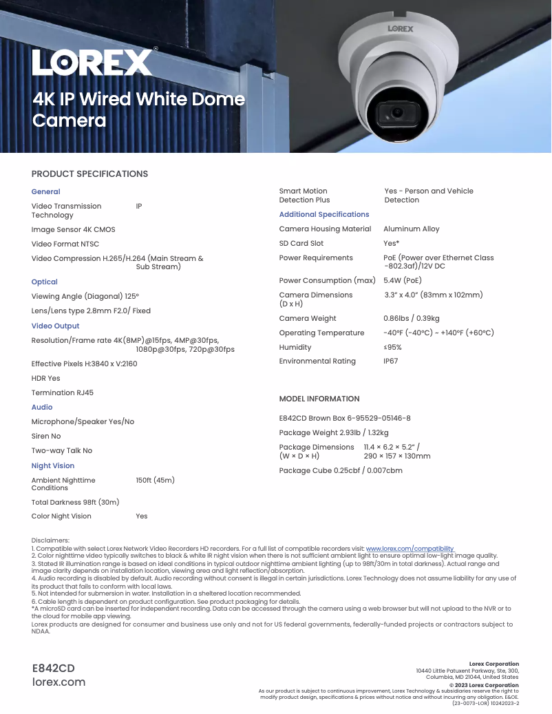 Página 1 del manual Ficha técnica Lorex E842CD