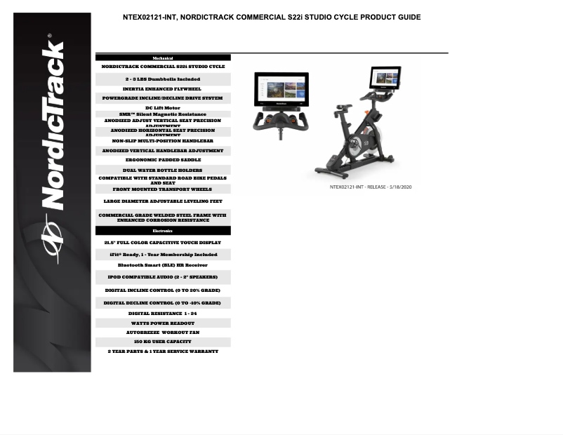 Page n°1 - Fiche technique NordicTrack Commercial S22i Studio Cycle