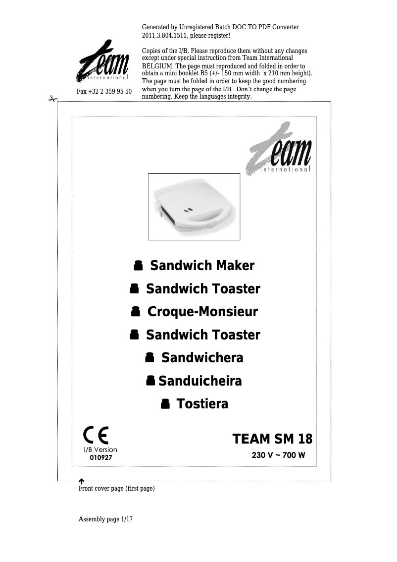Image de la première page du manuel de l'appareil SM 18