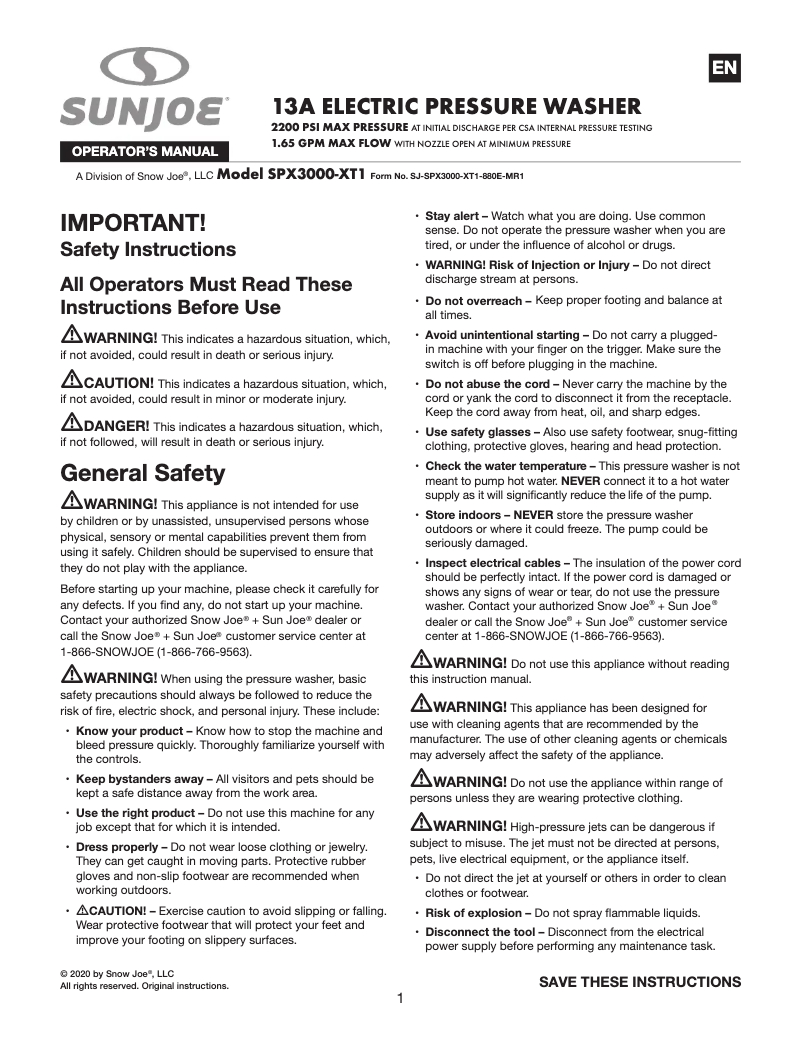 Page n°1 - Manuel utilisateur Sun Joe SPX3000-XT1-MP4