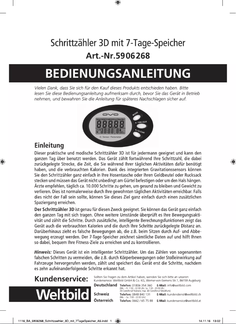 Page n°1 - Manuel utilisateur Weltbild 59 06 268