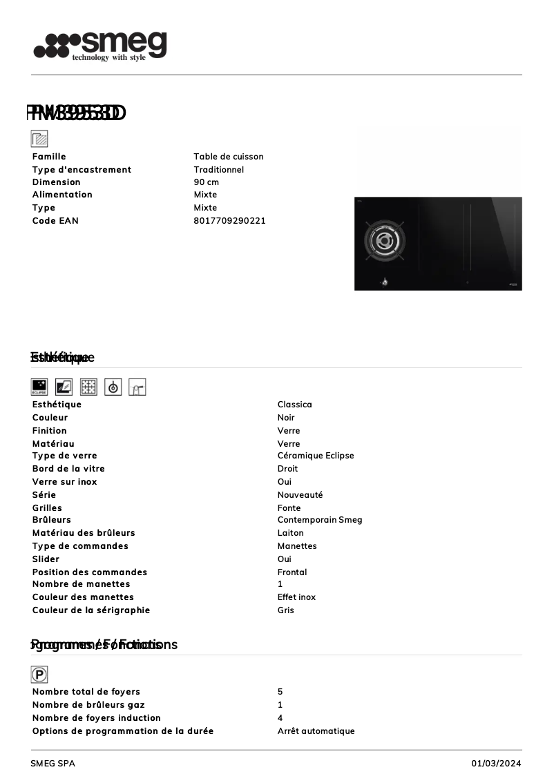 Page 1 de la notice Fiche technique Smeg PM3953D