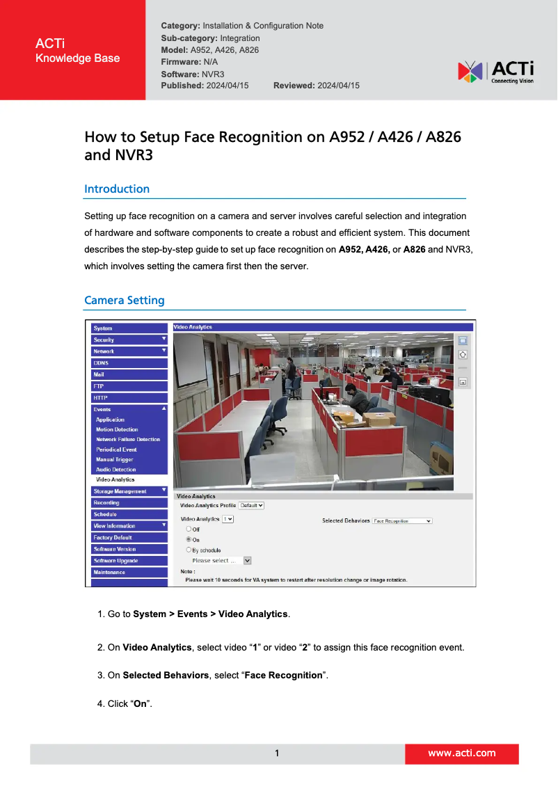 Page 1 de la notice Manuel utilisateur ACTi A952