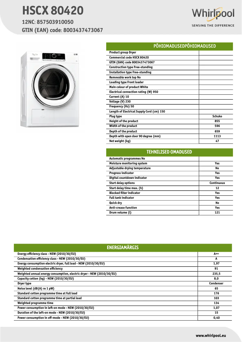 Page n°1 - Fiche technique Whirlpool HSCX 80420