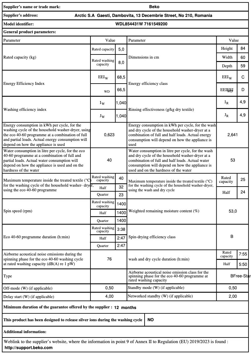 Page 1 de la notice Fiche technique Beko WDL854431W