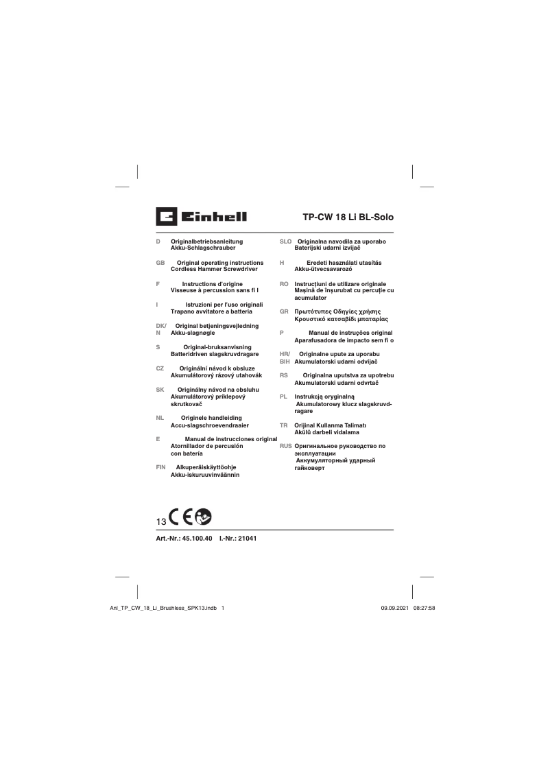 Page n°1 - Manuel utilisateur Einhell TP-CW 18 Li BL-Solo