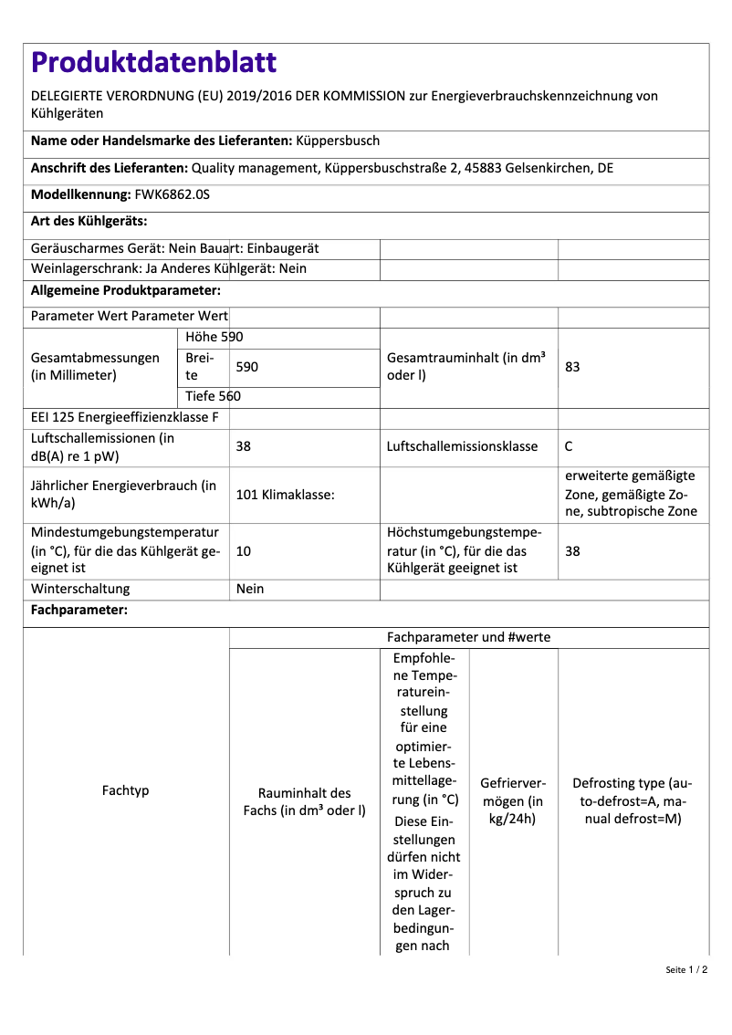 Page 1 de la notice Label énergétique Küppersbusch FWK6862.0S