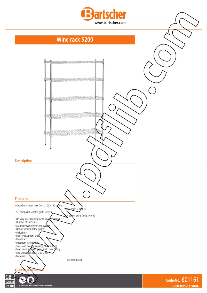 Página 1 del manual Ficha técnica Bartscher 601161
