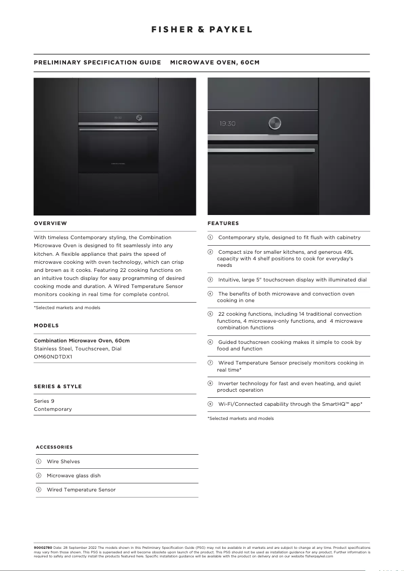 Page 1 de la notice Fiche technique Fisher & Paykel OM60NDTDX1