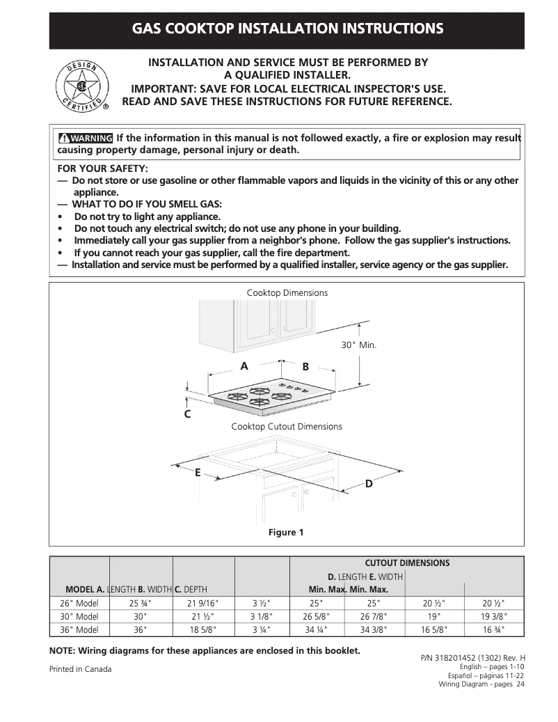 Page 1 de la notice Guide d'installation Frigidaire FFGC3603LW