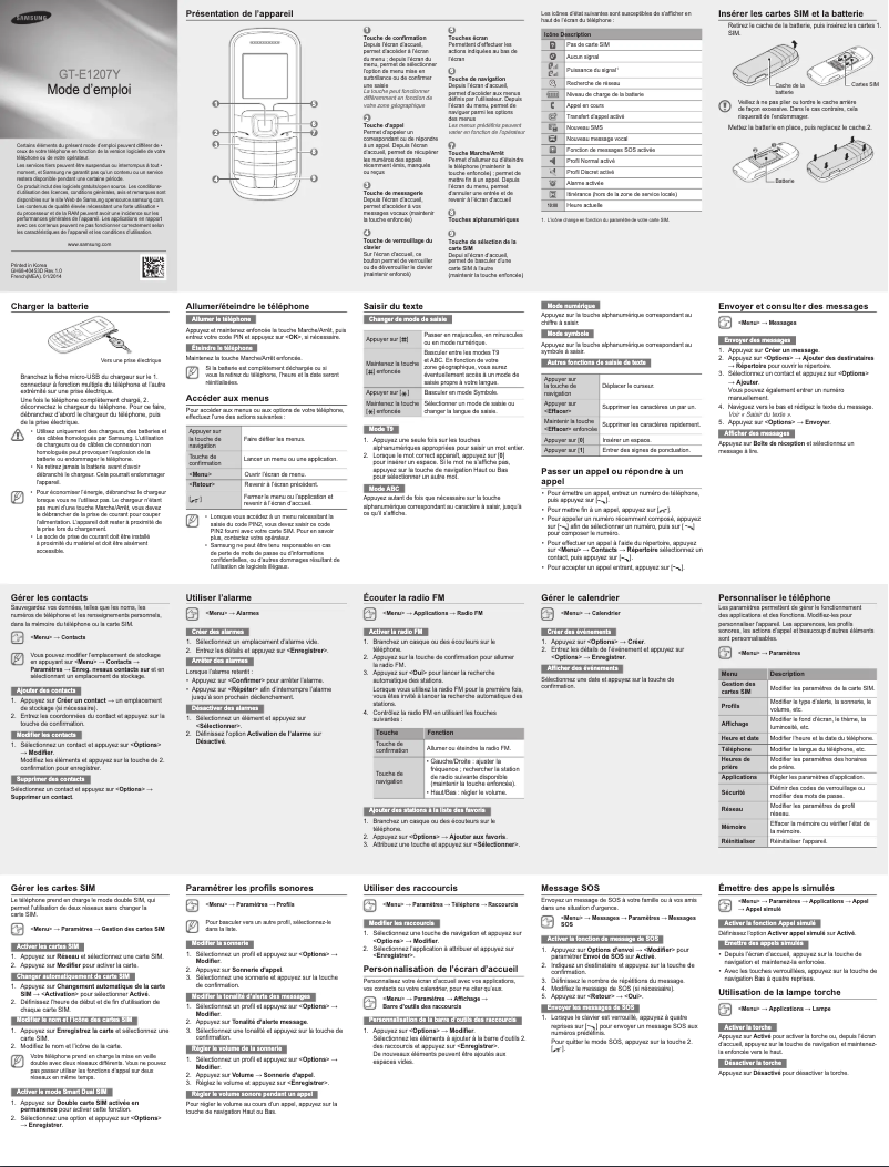 Page 1 de la notice Manuel utilisateur Samsung GT-E1207Y
