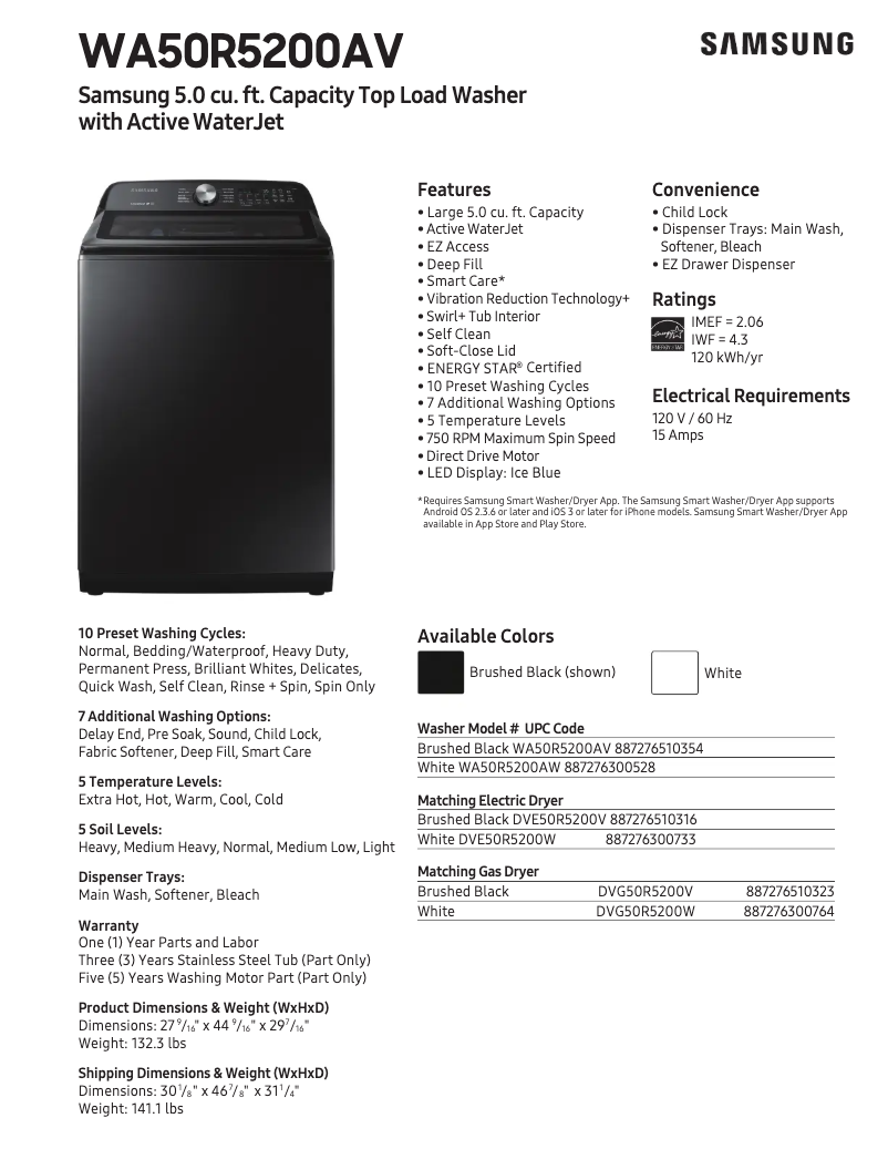 Page n°1 - Fiche technique Samsung WA50R5200AV