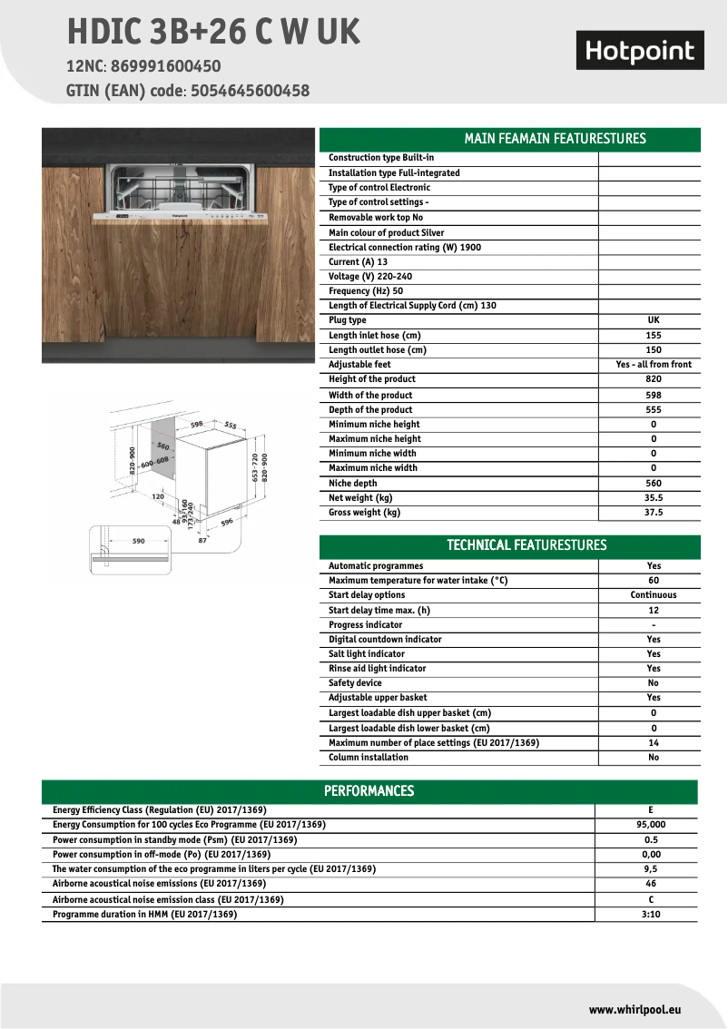 Page 1 de la notice Fiche technique Hotpoint HDIC 3B+26 C W UK